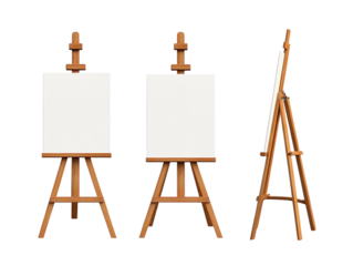 Wooden easel with blank canvas displayed from different angles, isolated on white background.  PNG transparent.