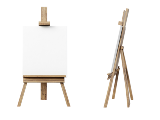 Wooden easel with blank canvas displayed from different angles, isolated on white background.  PNG transparent.