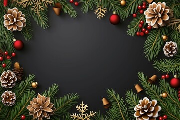 A black background with a frame of evergreen branches and pine cones. The frame is surrounded by red and gold decorations