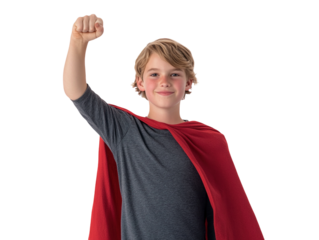 Boy wearing red superhero cape, raising arm, smiling joyfully, isolated on white background. PNG transparent.