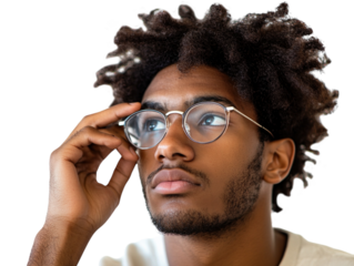 Man squinting, adjusting glasses with a confused expression, isolated on white background.  PNG transparent.