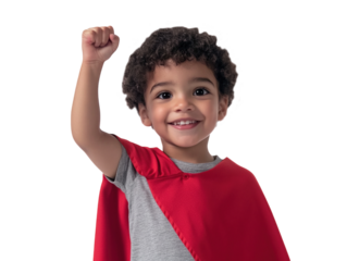 Boy wearing red superhero cape, raising arm, smiling joyfully, isolated on white background. PNG transparent.