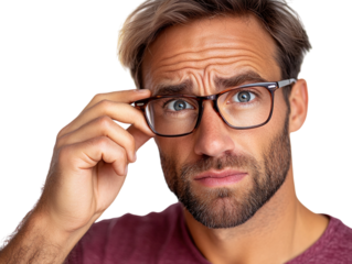 Man squinting, adjusting glasses with a confused expression, isolated on white background.  PNG transparent.