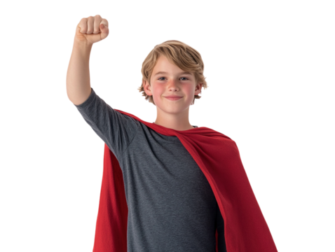 Boy wearing red superhero cape, raising arm, smiling joyfully, isolated on white background.  PNG transparent.