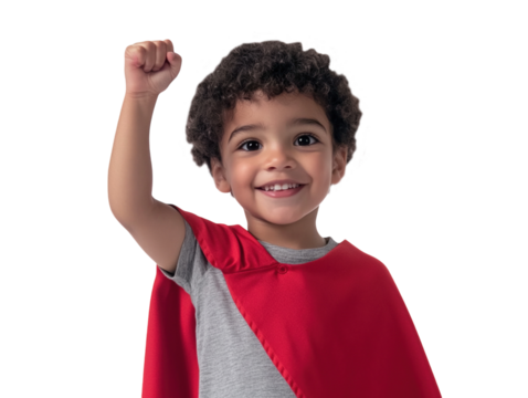 Boy wearing red superhero cape, raising arm, smiling joyfully, isolated on white background.  PNG transparent.