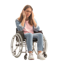 Young woman in wheelchair with head in hands, showing distress, isolated on white background.  PNG transparent.