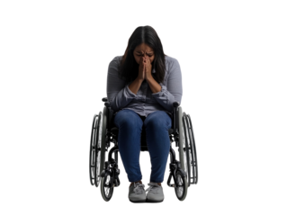 Young woman in wheelchair with head in hands, showing distress, isolated on white background.  PNG transparent.