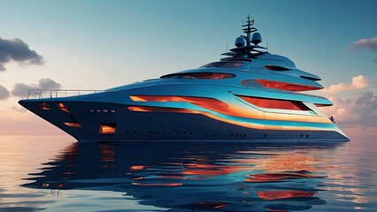 A very attractive and advanced ship. Personal yacht, attractive colors, blue sky, wide photo, professional photography 