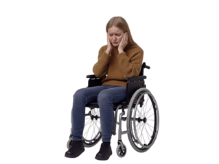 Young woman in wheelchair with head in hands, showing distress, isolated on white background.  PNG transparent.