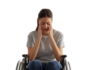 Young woman in wheelchair with head in hands, showing distress, isolated on white background.  PNG transparent.
