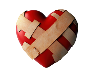 Broken red heart patched with bandages, symbol of healing or heartbreak, isolated on white.  PNG transparent.
