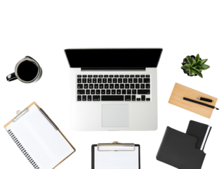 Laptop, reports, coffee, and office supplies arranged neatly on a desk, isolated on white.  PNG transparent.
