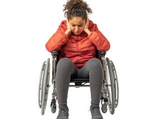 Young woman in wheelchair with head in hands, showing distress, isolated on white background.  PNG transparent.