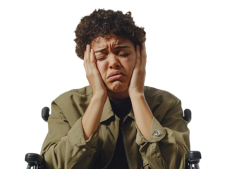 Young woman in wheelchair with head in hands, showing distress, isolated on white background.  PNG transparent.