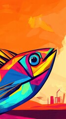 Vibrant abstract fish art with minimalist geometric design.
