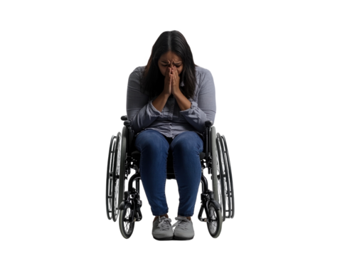 Young woman in wheelchair with head in hands, showing distress, isolated on white background.  PNG transparent. - Powered by Adobe