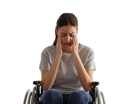 Young woman in wheelchair with head in hands, showing distress, isolated on white background.  PNG transparent.