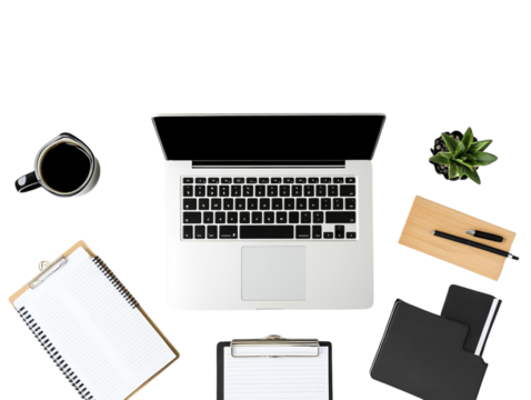 Laptop, reports, coffee, and office supplies arranged neatly on a desk, isolated on white.  PNG transparent.