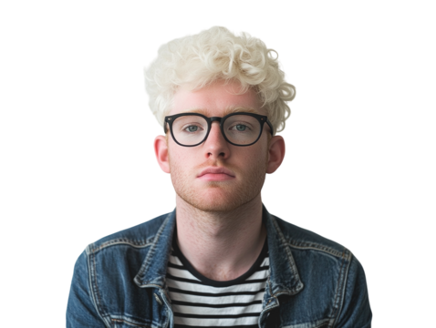 Albino man with glasses, curly hair, wearing striped shirt and denim jacket, isolated on white.  PNG transparent.