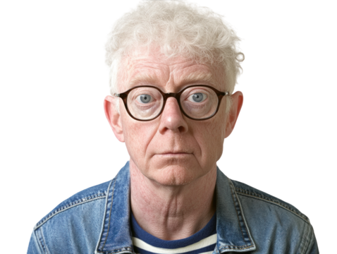 Albino man with glasses, curly hair, wearing striped shirt and denim jacket, isolated on white.  PNG transparent.