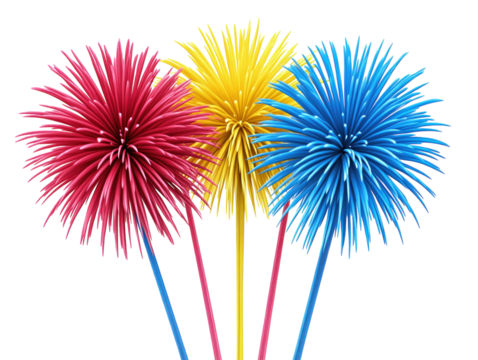 Colorful fireworks exploding in the sky, bright and vibrant display, isolated on white background.  PNG transparent.