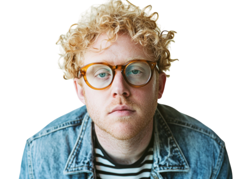 Albino man with glasses, curly hair, wearing striped shirt and denim jacket, isolated on white.  PNG transparent.