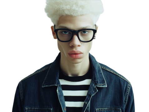 Albino man with glasses, curly hair, wearing striped shirt and denim jacket, isolated on white.  PNG transparent.