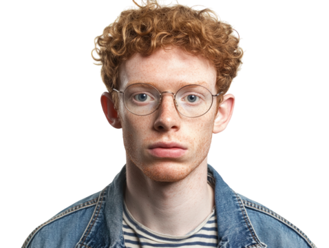 Albino man with glasses, curly hair, wearing striped shirt and denim jacket, isolated on white.  PNG transparent.