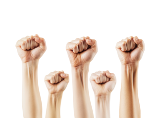 Raised fists in the air symbolizing strength and unity, isolated on a white background.  PNG transparent.