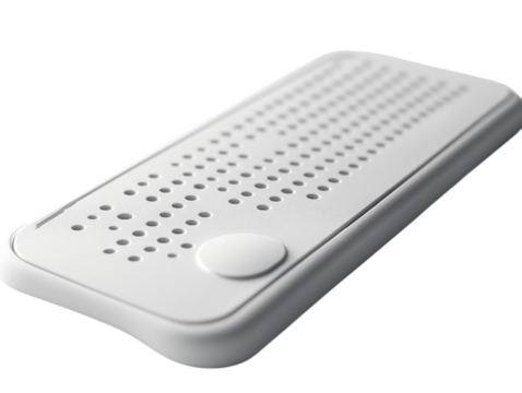 Braille keyboard with raised dots for blind users, close-up detail, isolated on white background.  PNG transparent.