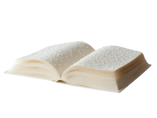 Open Braille book with raised dots, close-up detail, isolated on a white background. PNG transparent.
