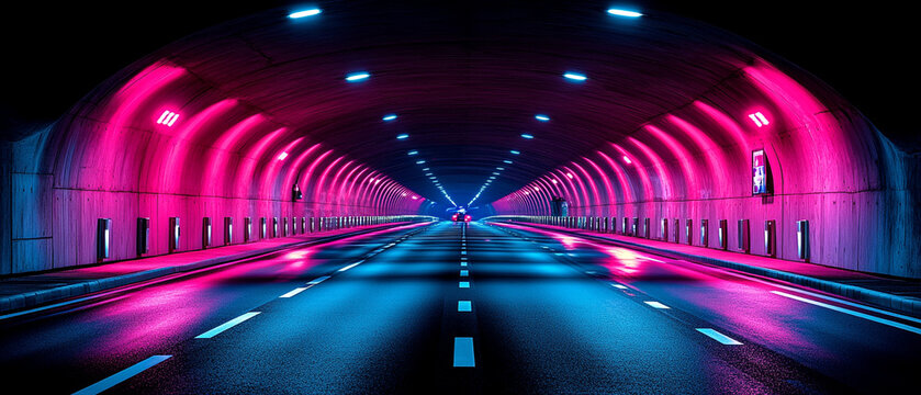Vibrant neon tunnel with glowing lights, creating a surreal atmosphere for urban or futuristic themes.