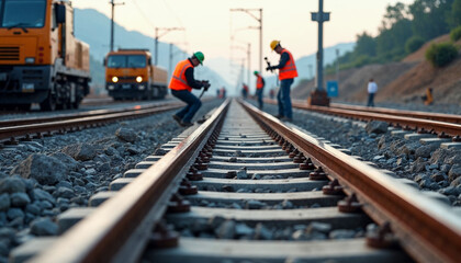 Fototapeta premium High-speed rail construction showcases dynamic work and coordination under sunny skies.