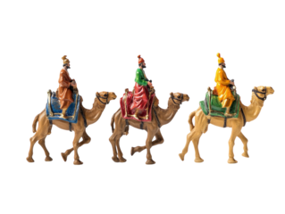 Three camel figurines with riders in a row, detailed, isolated on a white background.  PNG transparent.