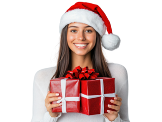 Woman wearing Santa hat holding Christmas presents, smiling joyfully, isolated on white background. PNG transparent.