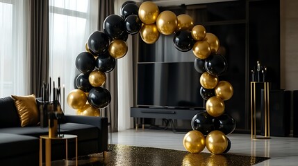 A New Year's themed balloon garland in black and gold, creating an arch with balloons of various sizes on the floor