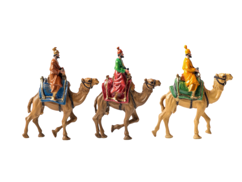 Three camel figurines with riders in a row, detailed, isolated on a white background.  PNG transparent.