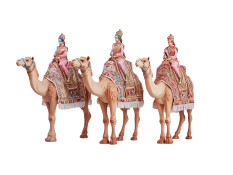 Three camel figurines with riders in a row, detailed, isolated on a white background.  PNG transparent.