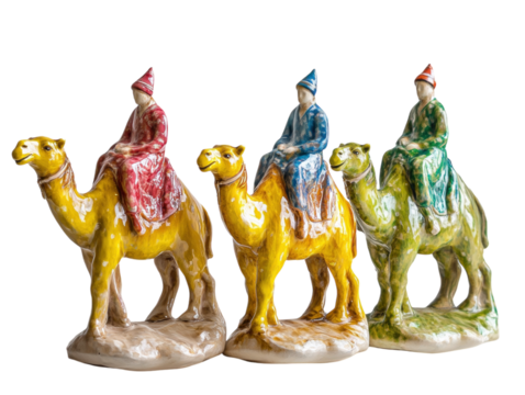 Three camel figurines with riders in a row, detailed, isolated on a white background.  PNG transparent.