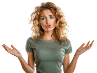Confused woman gesturing with open hand, neutral expression, isolated on white background.  PNG transparent.
