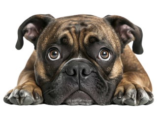 Dog lying down with big expressive eyes, looking into the camera, isolated on white background.  PNG transparent.