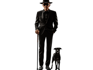 Older man walking with a guide dog, wearing a hat and sunglasses, isolated on white background.  PNG transparent.