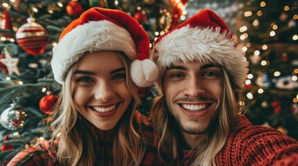 A happy sweet couple in santa claus costume selfie with smartphone together at Christmas celebration party.