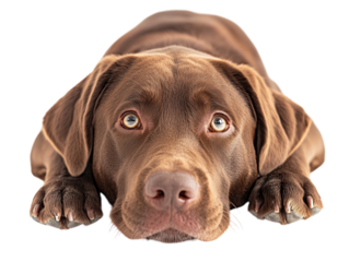 Dog lying down with big expressive eyes, looking into the camera, isolated on white background.  PNG transparent.
