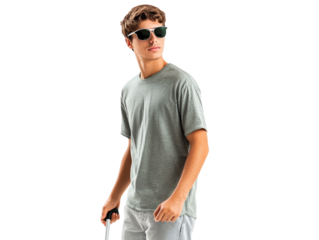 Young man walking with a white cane and wearing sunglasses, isolated on white background.  PNG transparent.
