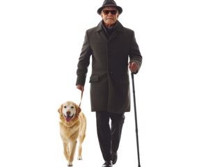 Older man walking with a guide dog, wearing a hat and sunglasses, isolated on white background.  PNG transparent.