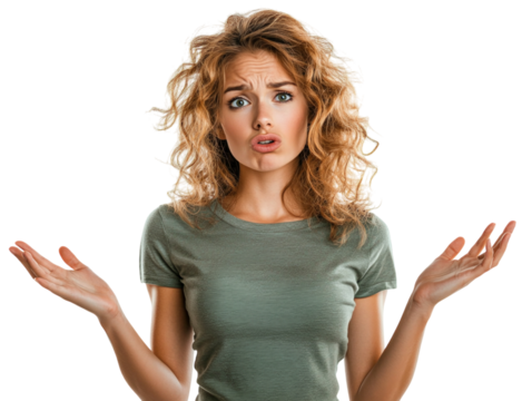 Confused woman gesturing with open hand, neutral expression, isolated on white background.  PNG transparent. - Powered by Adobe