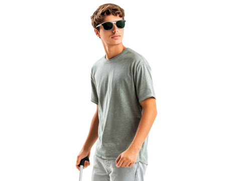 Young man walking with a white cane and wearing sunglasses, isolated on white background.  PNG transparent.