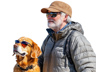 Older man walking with a guide dog, wearing a hat and sunglasses, isolated on white background.  PNG transparent.