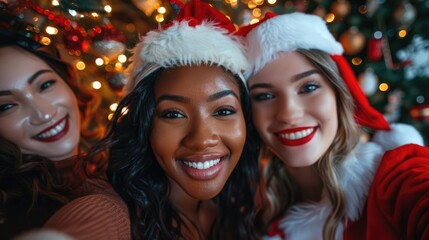  happy merry Christmas party. Group of friends dress in Santa Claus costume at Christmas celebration party and New year eve.